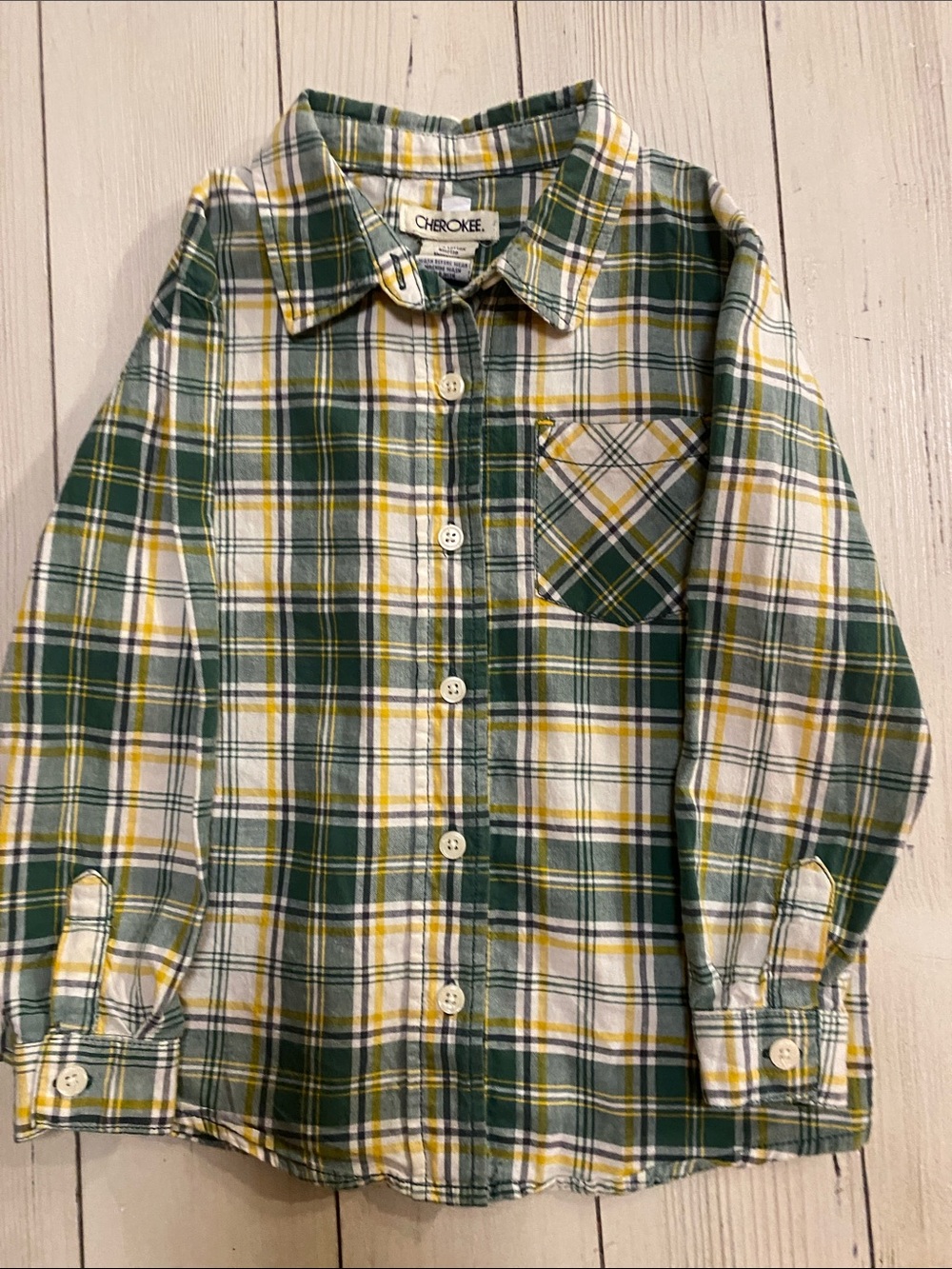 Cherokee Green, Yellow & White Plaid Button-Up Shirt for Kids